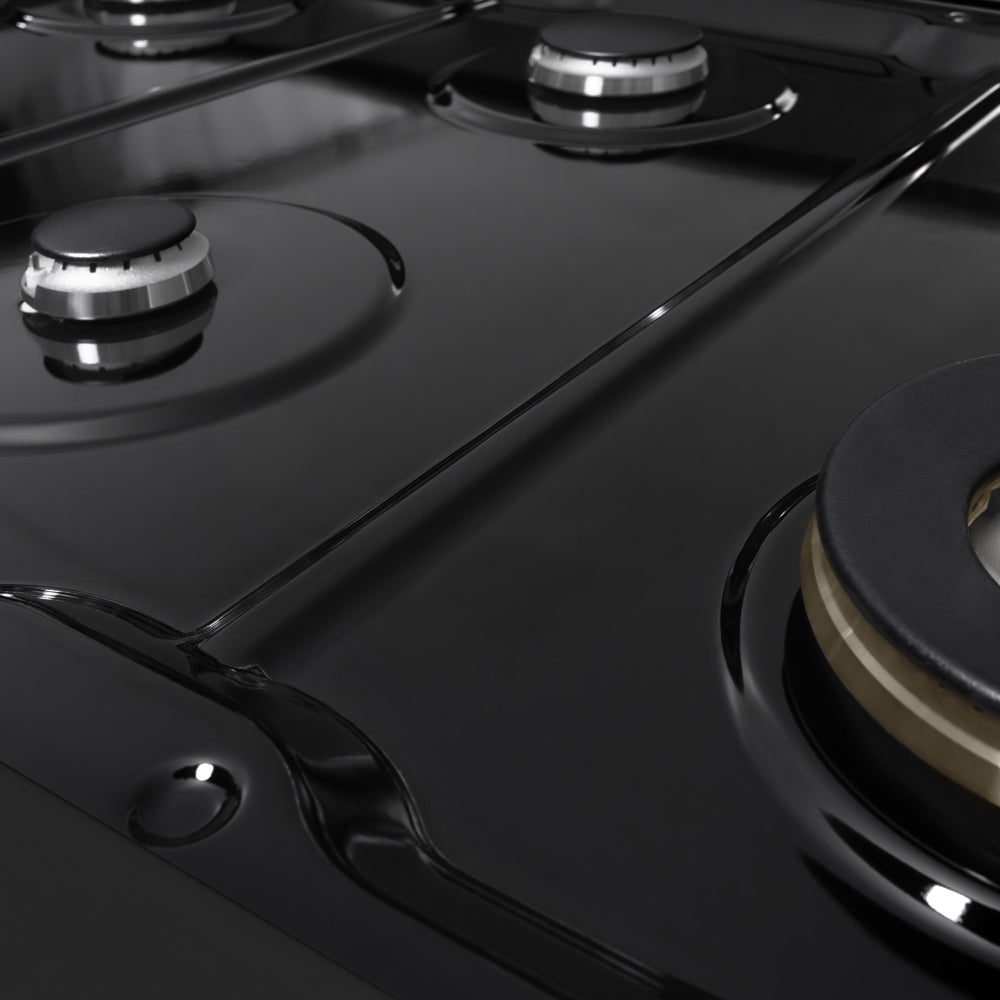 ZLINE 48 in. 6.7 cu. ft. Marino Double Oven Dual Fuel Range with 8 Burner Gas Cooktop in Black Stainless Steel (MDRB-48) close-up, black porcelain cooktop without grates.
