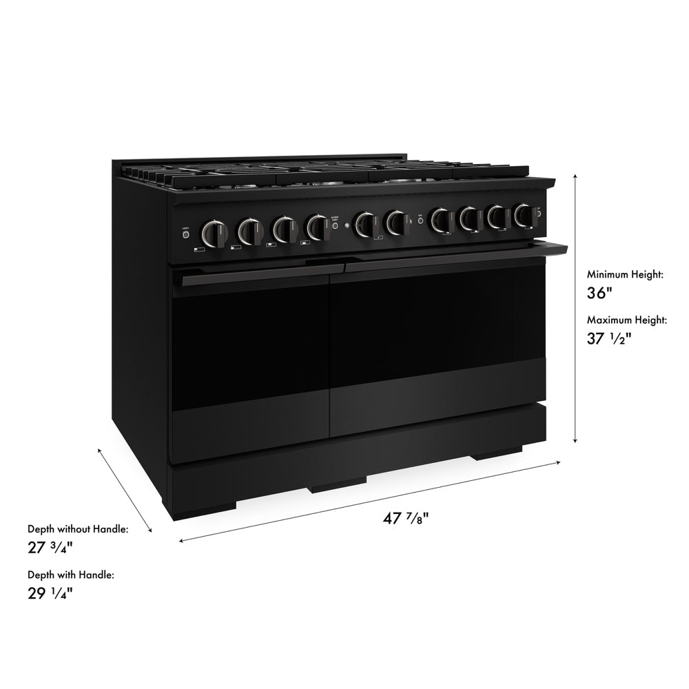 ZLINE 48 in. 6.7 cu. ft. Marino Double Oven Dual Fuel Range with 8 Burner Gas Cooktop in Black Stainless Steel (MDRB-48) with dimensions labeled.