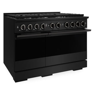 ZLINE 48 in. 6.7 cu. ft. Marino Double Oven Dual Fuel Range with 8 Burner Gas Cooktop in Black Stainless Steel (MDRB-48) side.
