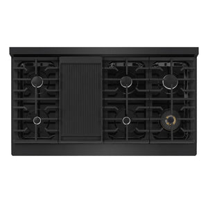 ZLINE 48 in. 6.7 cu. ft. Marino Double Oven Dual Fuel Range with 8 Burner Gas Cooktop in Black Stainless Steel (MDRB-48) top-down, above cooking surface.