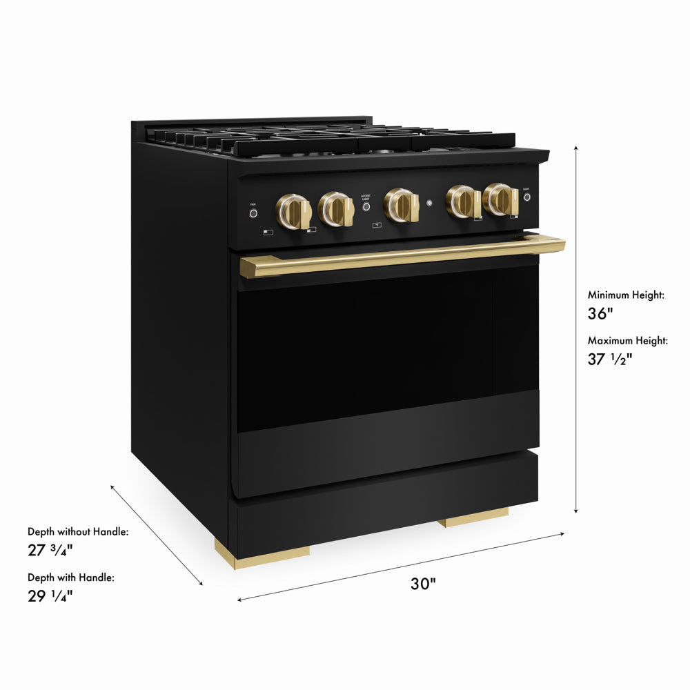 ZLINE Autograph Edition 30 in. 4.2 cu. ft. Marino Dual Fuel Range with 4 Burner Gas Cooktop and Electric Convection Oven in Black Stainless Steel with Polished Gold Accents (MDRBZ-30-G)