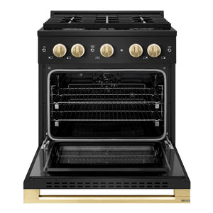 ZLINE Autograph Edition 30 in. 4.2 cu. ft. Marino Dual Fuel Range with 4 Burner Gas Cooktop and Electric Convection Oven in Black Stainless Steel with Polished Gold Accents (MDRBZ-30-G)