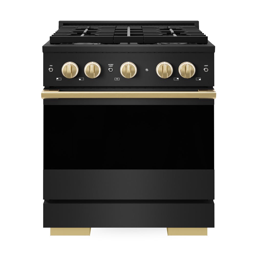 ZLINE Autograph Edition 30 in. 4.2 cu. ft. Marino Dual Fuel Range with 4 Burner Gas Cooktop and Electric Convection Oven in Black Stainless Steel with Polished Gold Accents (MDRBZ-30-G)