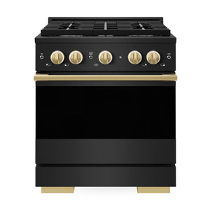 ZLINE Autograph Edition 30 in. 4.2 cu. ft. Marino Dual Fuel Range with 4 Burner Gas Cooktop and Electric Convection Oven in Black Stainless Steel with Polished Gold Accents (MDRBZ-30-G)