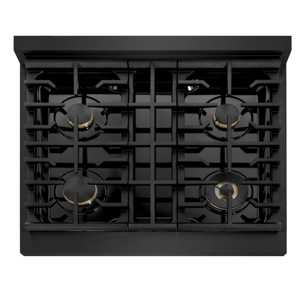 ZLINE Autograph Edition 30 in. 4.2 cu. ft. Marino Dual Fuel Range with 4 Burner Gas Cooktop and Electric Convection Oven in Black Stainless Steel with Polished Gold Accents (MDRBZ-30-G)