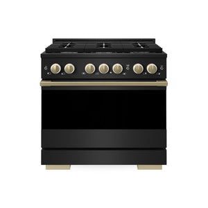 ZLINE Autograph Edition 36 in. 5.2 cu. ft. Marino Dual Fuel Range with 6 Burner Gas Cooktop and Electric Convection Oven in Black Stainless Steel with Champagne Bronze Accents (MDRBZ-36-CB)