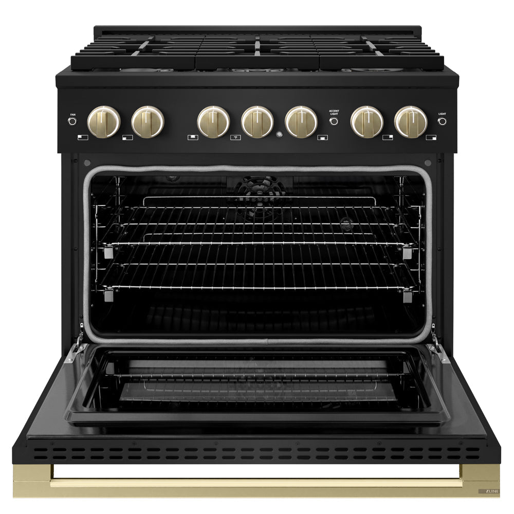 ZLINE Autograph Edition 36 in. 5.2 cu. ft. Marino Dual Fuel Range with 6 Burner Gas Cooktop and Electric Convection Oven in Black Stainless Steel with Champagne Bronze Accents (MDRBZ-36-CB)