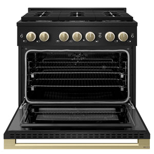 ZLINE Autograph Edition 36 in. 5.2 cu. ft. Marino Dual Fuel Range with 6 Burner Gas Cooktop and Electric Convection Oven in Black Stainless Steel with Champagne Bronze Accents (MDRBZ-36-CB)