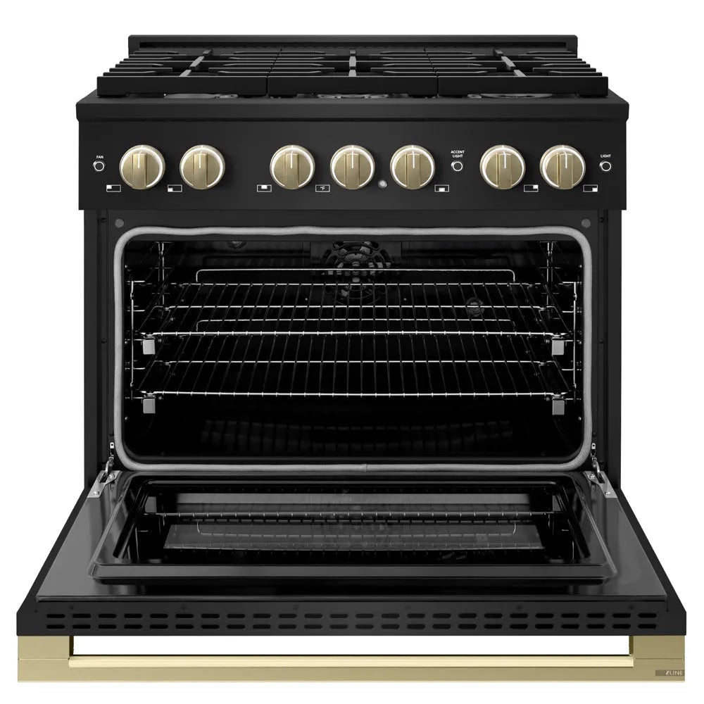 ZLINE Autograph Edition 36 in. 5.2 cu. ft. Marino Dual Fuel Range with 6 Burner Gas Cooktop and Electric Convection Oven in Black Stainless Steel with Champagne Bronze Accents (MDRBZ-36-CB) front, oven open.