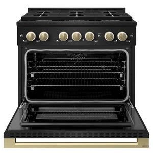 ZLINE Autograph Edition 36 in. 5.2 cu. ft. Marino Dual Fuel Range with 6 Burner Gas Cooktop and Electric Convection Oven in Black Stainless Steel with Champagne Bronze Accents (MDRBZ-36-CB) front, oven open.
