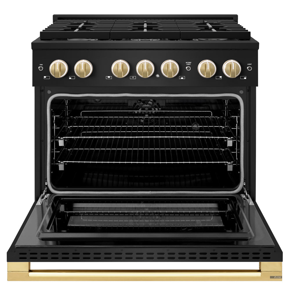 ZLINE Autograph Edition 36 in. 5.2 cu. ft. Marino Dual Fuel Range with 6 Burner Gas Cooktop and Electric Convection Oven in Black Stainless Steel with Polished Gold Accents (MDRBZ-36-G)