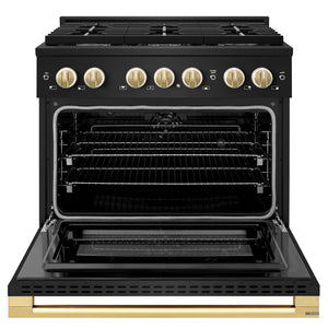 ZLINE Autograph Edition 36 in. 5.2 cu. ft. Marino Dual Fuel Range with 6 Burner Gas Cooktop and Electric Convection Oven in Black Stainless Steel with Polished Gold Accents (MDRBZ-36-G)