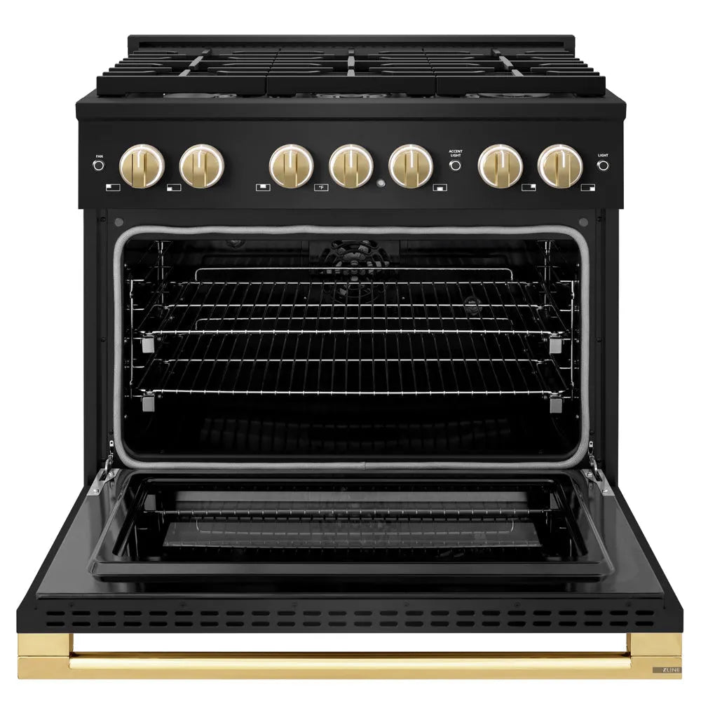 ZLINE Autograph Edition 36 in. 5.2 cu. ft. Marino Dual Fuel Range with 6 Burner Gas Cooktop and Electric Convection Oven in Black Stainless Steel with Polished Gold Accents (MDRBZ-36-G) front, oven open.