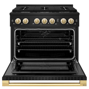 ZLINE Autograph Edition 36 in. 5.2 cu. ft. Marino Dual Fuel Range with 6 Burner Gas Cooktop and Electric Convection Oven in Black Stainless Steel with Polished Gold Accents (MDRBZ-36-G) front, oven open.