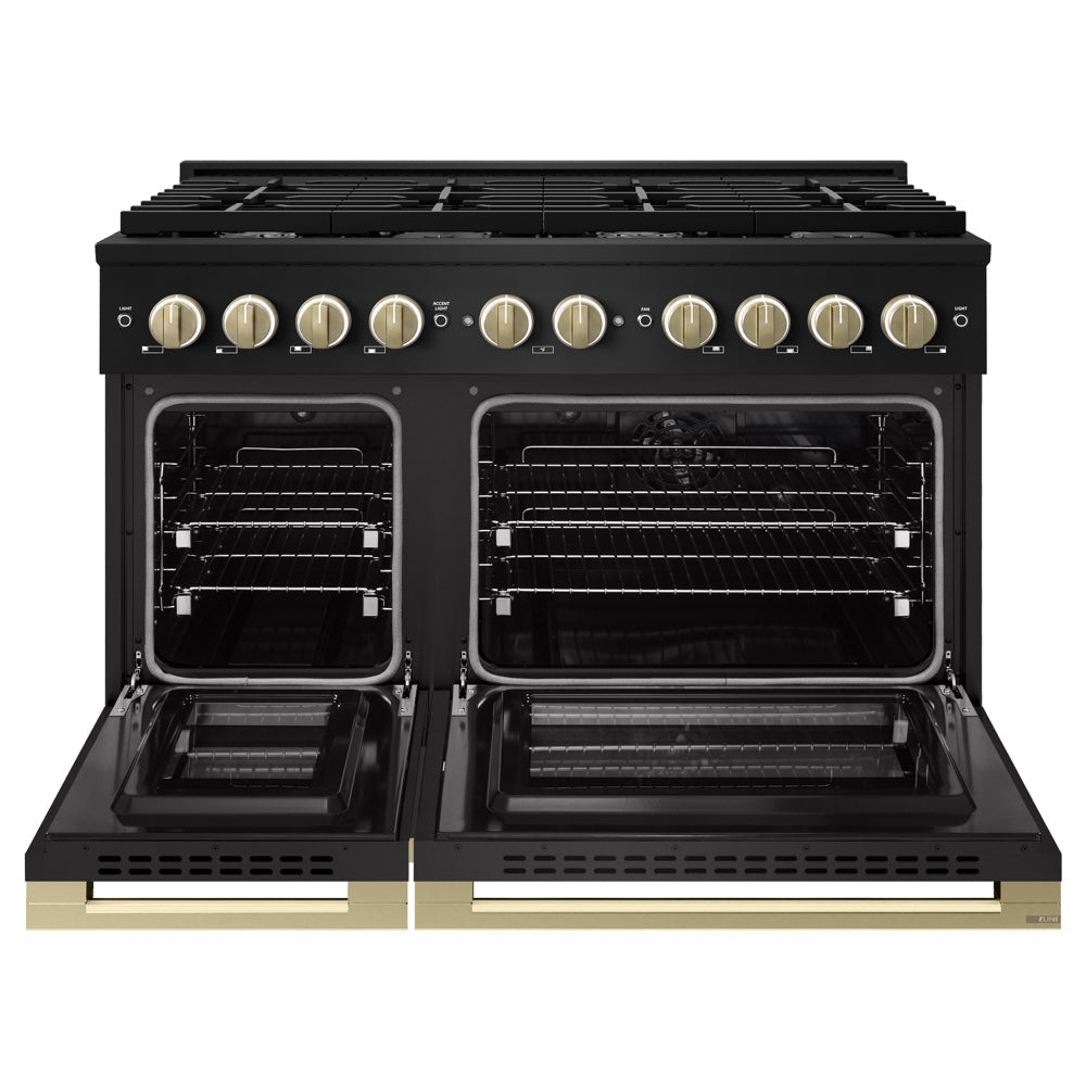 ZLINE Autograph Edition 48 in. 6.7 cu. ft. Marino Double Oven Dual Fuel Range with 8 Burner Gas Cooktop in Black Stainless Steel and Champagne Bronze Accents (MDRBZ-48-CB)