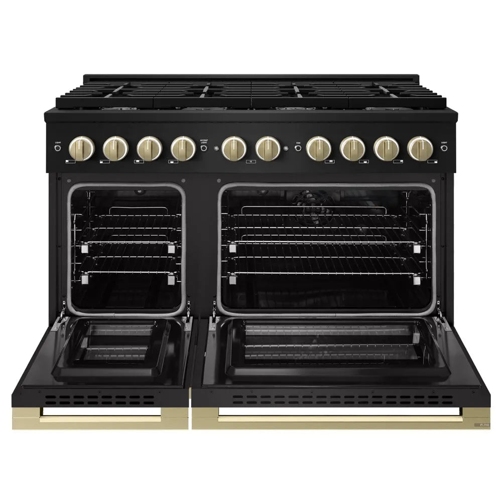 ZLINE Autograph Edition 48 in. 6.7 cu. ft. Marino Double Oven Dual Fuel Range with 8 Burner Gas Cooktop in Black Stainless Steel and Champagne Bronze Accents (MDRBZ-48-CB) front, oven open.