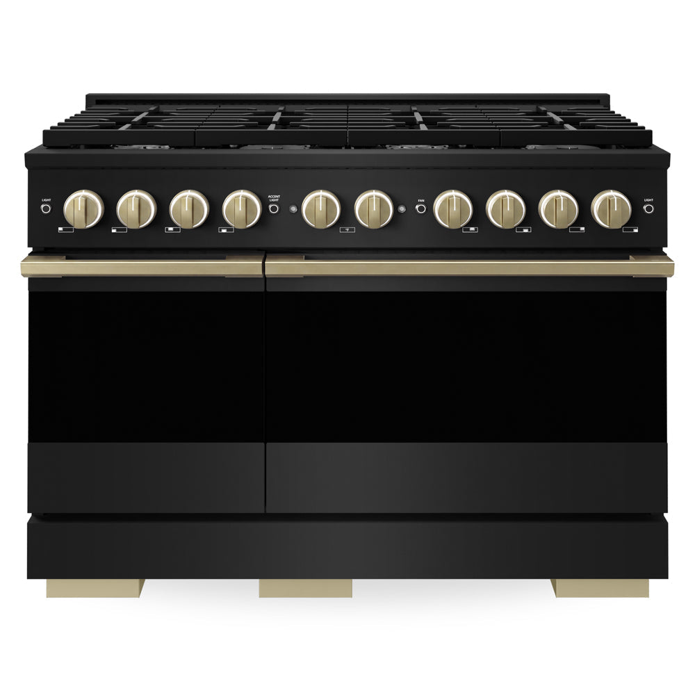 ZLINE Autograph Edition 48 in. 6.7 cu. ft. Marino Double Oven Dual Fuel Range with 8 Burner Gas Cooktop in Black Stainless Steel and Champagne Bronze Accents (MDRBZ-48-CB)