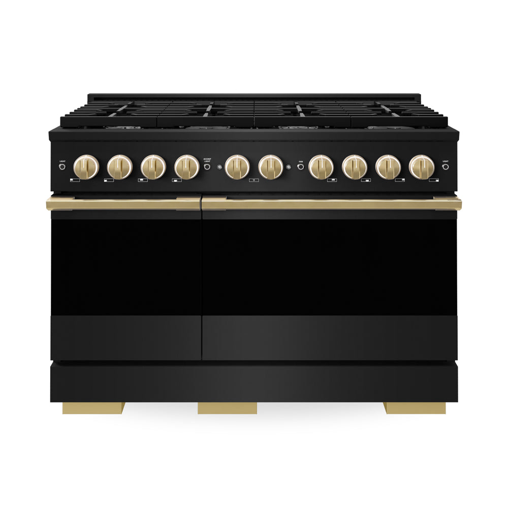 ZLINE Autograph Edition 48 in. 6.7 cu. ft. Marino Double Oven Dual Fuel Range with 8 Burner Gas Cooktop in Black Stainless Steel and Polished Gold Accents (MDRBZ-48-G)