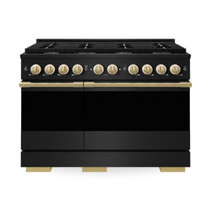 ZLINE Autograph Edition 48 in. 6.7 cu. ft. Marino Double Oven Dual Fuel Range with 8 Burner Gas Cooktop in Black Stainless Steel and Polished Gold Accents (MDRBZ-48-G)