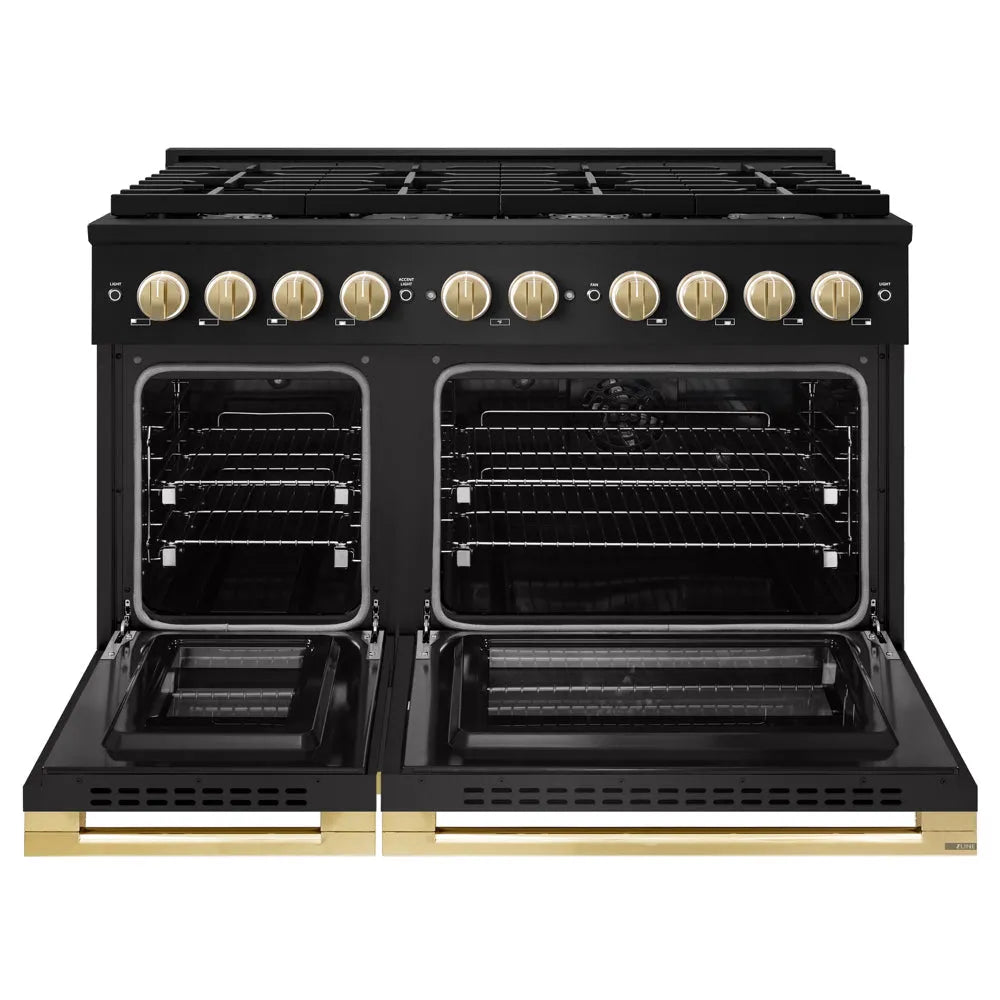 ZLINE Autograph Edition 48 in. 6.7 cu. ft. Marino Double Oven Dual Fuel Range with 8 Burner Gas Cooktop in Black Stainless Steel and Polished Gold Accents (MDRBZ-48-G) front, oven open.