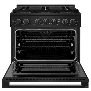 ZLINE 36 in. 5.2 cu. ft. Marino Dual Fuel Range with 6 Burner DuoPro™ Cooktop and Electric Convection Oven in Black Stainless Steel (PMDRB-36) front, oven open.