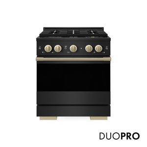 ZLINE Autograph Edition 30 in. 4.2 cu. ft. Marino Dual Fuel Range with 4 Burner DuoPro™ Cooktop and Electric Convection Oven in Black Stainless Steel and Champagne Bronze Accents (PMDRBZ-30-CB) main image.
