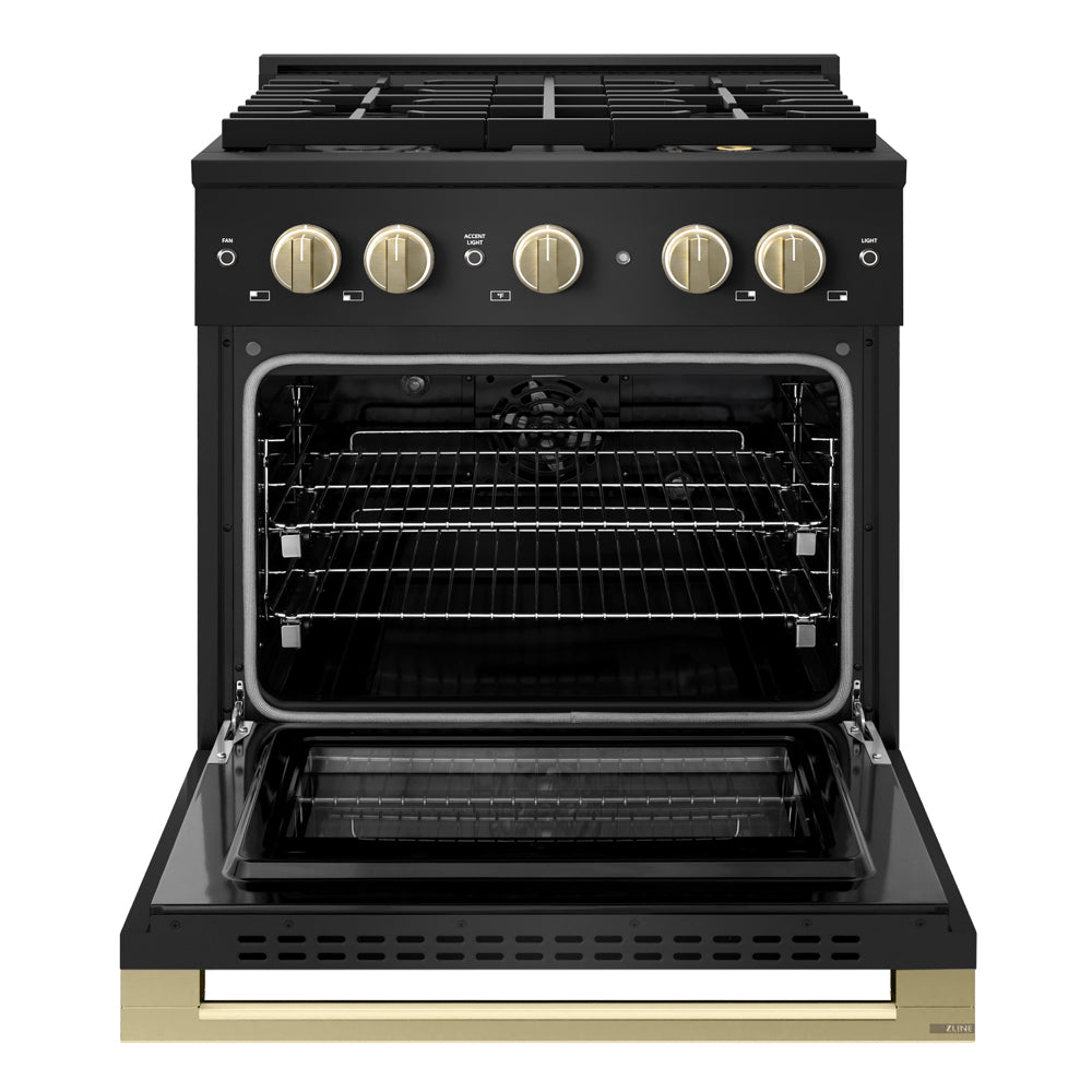 ZLINE Autograph Edition 30 in. 4.2 cu. ft. Marino Dual Fuel Range with 4 Burner DuoPro™ Cooktop and Electric Convection Oven in Black Stainless Steel and Champagne Bronze Accents (PMDRBZ-30-CB)