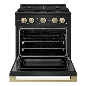 ZLINE Autograph Edition 30 in. 4.2 cu. ft. Marino Dual Fuel Range with 4 Burner DuoPro™ Cooktop and Electric Convection Oven in Black Stainless Steel and Champagne Bronze Accents (PMDRBZ-30-CB)