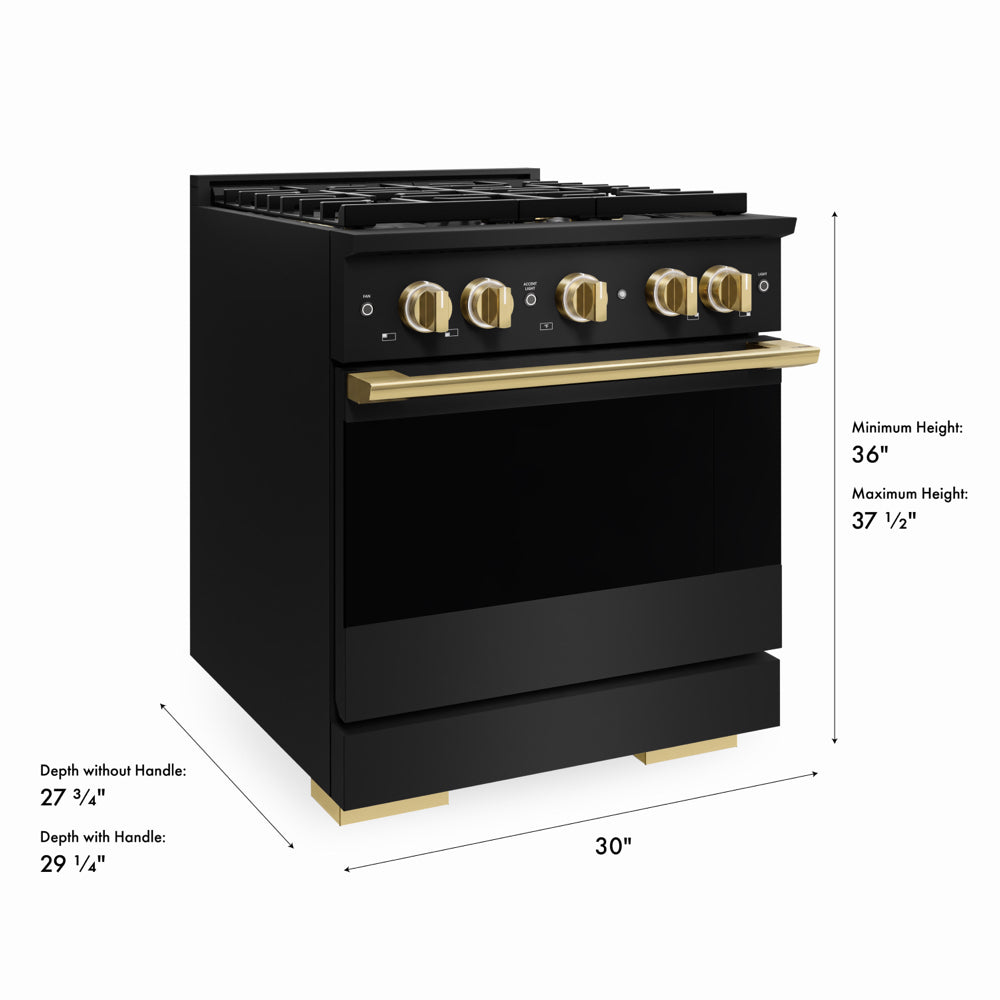 ZLINE Autograph Edition 30 in. 4.2 cu. ft. Marino Dual Fuel Range with 4 Burner DuoPro™ Cooktop and Electric Convection Oven in Black Stainless Steel and Polished Gold Accents (PMDRBZ-30-G)