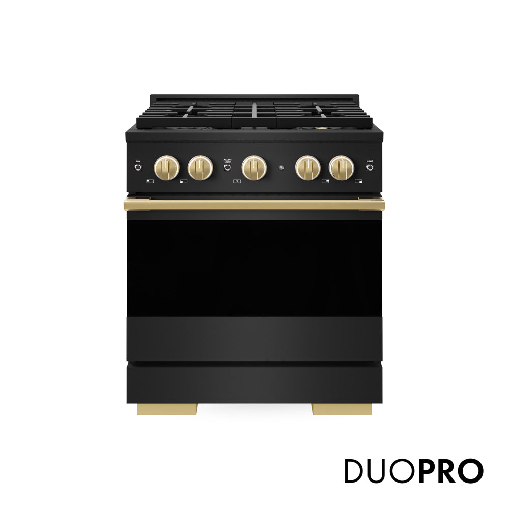 ZLINE Autograph Edition 30 in. 4.2 cu. ft. Marino Dual Fuel Range with 4 Burner DuoPro™ Cooktop and Electric Convection Oven in Black Stainless Steel and Polished Gold Accents (PMDRBZ-30-G)