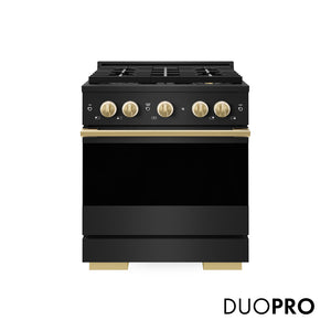 ZLINE Autograph Edition 30 in. 4.2 cu. ft. Marino Dual Fuel Range with 4 Burner DuoPro™ Cooktop and Electric Convection Oven in Black Stainless Steel and Polished Gold Accents (PMDRBZ-30-G)