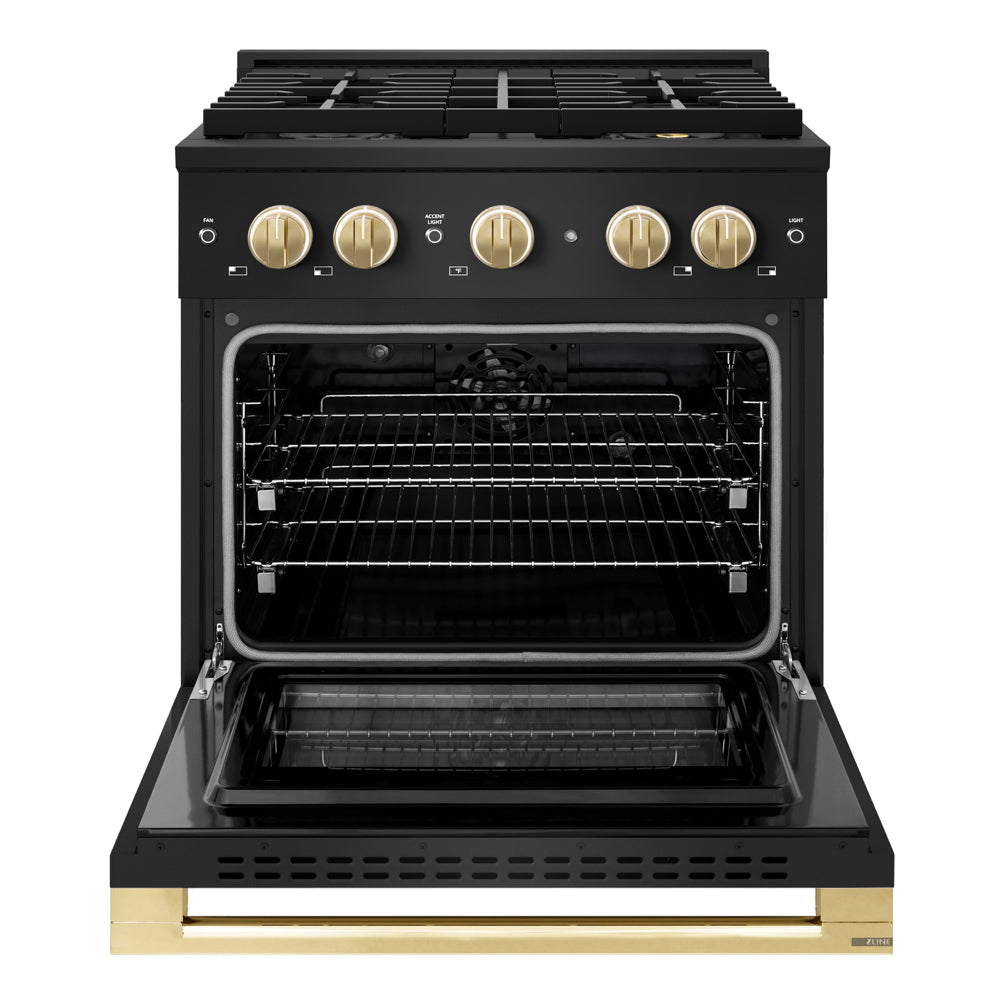 ZLINE Autograph Edition 30 in. 4.2 cu. ft. Marino Dual Fuel Range with 4 Burner DuoPro™ Cooktop and Electric Convection Oven in Black Stainless Steel and Polished Gold Accents (PMDRBZ-30-G)