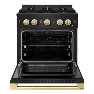 ZLINE Autograph Edition 30 in. 4.2 cu. ft. Marino Dual Fuel Range with 4 Burner DuoPro™ Cooktop and Electric Convection Oven in Black Stainless Steel and Polished Gold Accents (PMDRBZ-30-G)