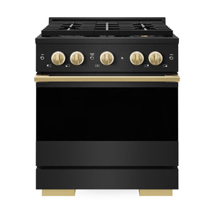 ZLINE Autograph Edition 30 in. 4.2 cu. ft. Marino Dual Fuel Range with 4 Burner DuoPro™ Cooktop and Electric Convection Oven in Black Stainless Steel and Polished Gold Accents (PMDRBZ-30-G)