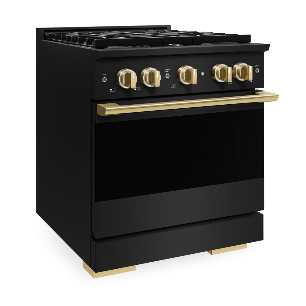 ZLINE Autograph Edition 30 in. 4.2 cu. ft. Marino Dual Fuel Range with 4 Burner DuoPro™ Cooktop and Electric Convection Oven in Black Stainless Steel and Polished Gold Accents (PMDRBZ-30-G)