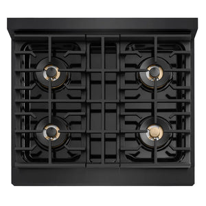 ZLINE Autograph Edition 30 in. 4.2 cu. ft. Marino Dual Fuel Range with 4 Burner DuoPro™ Cooktop and Electric Convection Oven in Black Stainless Steel and Polished Gold Accents (PMDRBZ-30-G) top-down, above cooking surface.