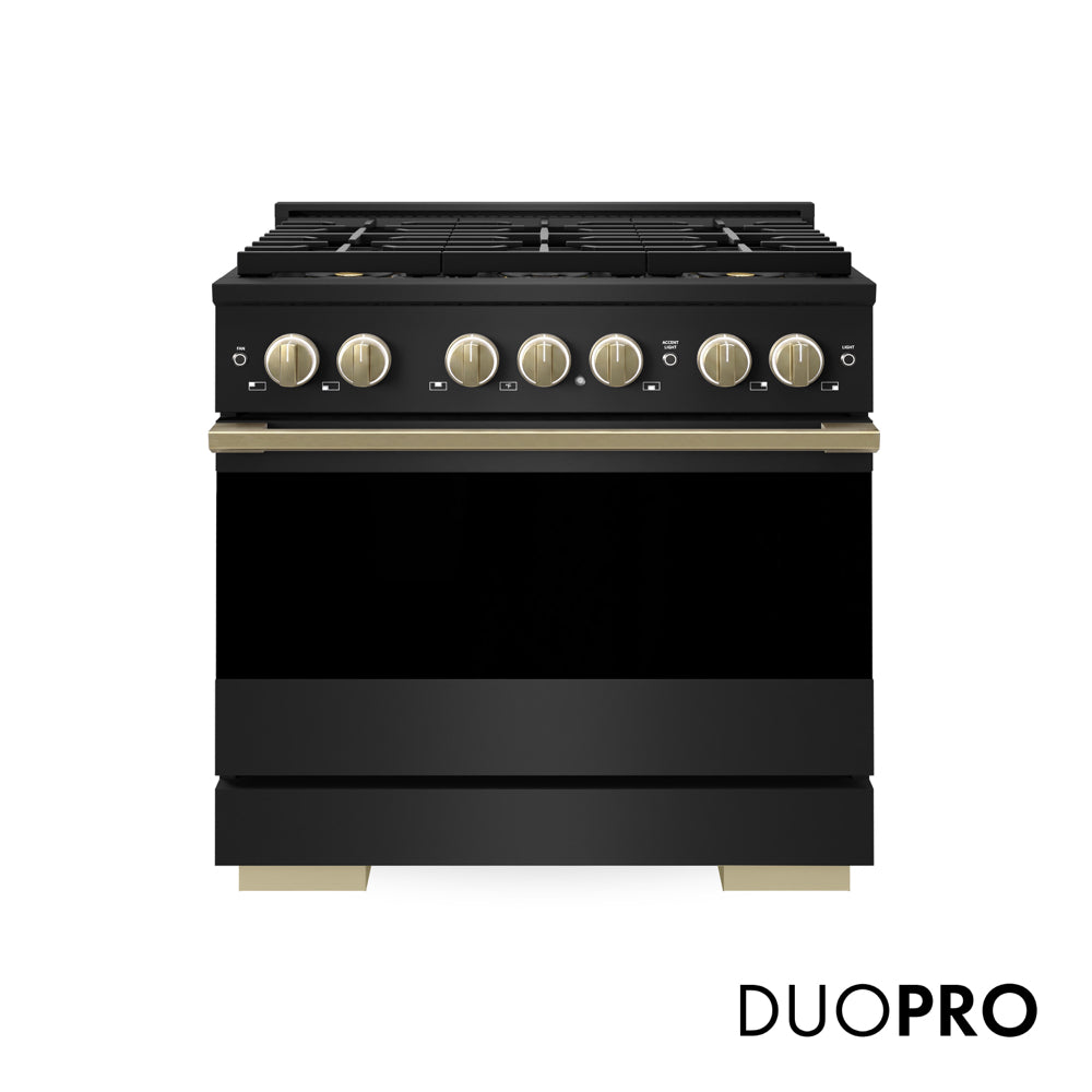 ZLINE Autograph Edition 36 in. 5.2 cu. ft. Marino Dual Fuel Range with 6 Burner DuoPro™ Cooktop and Electric Convection Oven in Black Stainless Steel and Champagne Bronze Accents (PMDRBZ-36-CB) main image.