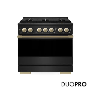 ZLINE Autograph Edition 36 in. 5.2 cu. ft. Marino Dual Fuel Range with 6 Burner DuoPro™ Cooktop and Electric Convection Oven in Black Stainless Steel and Champagne Bronze Accents (PMDRBZ-36-CB) main image.