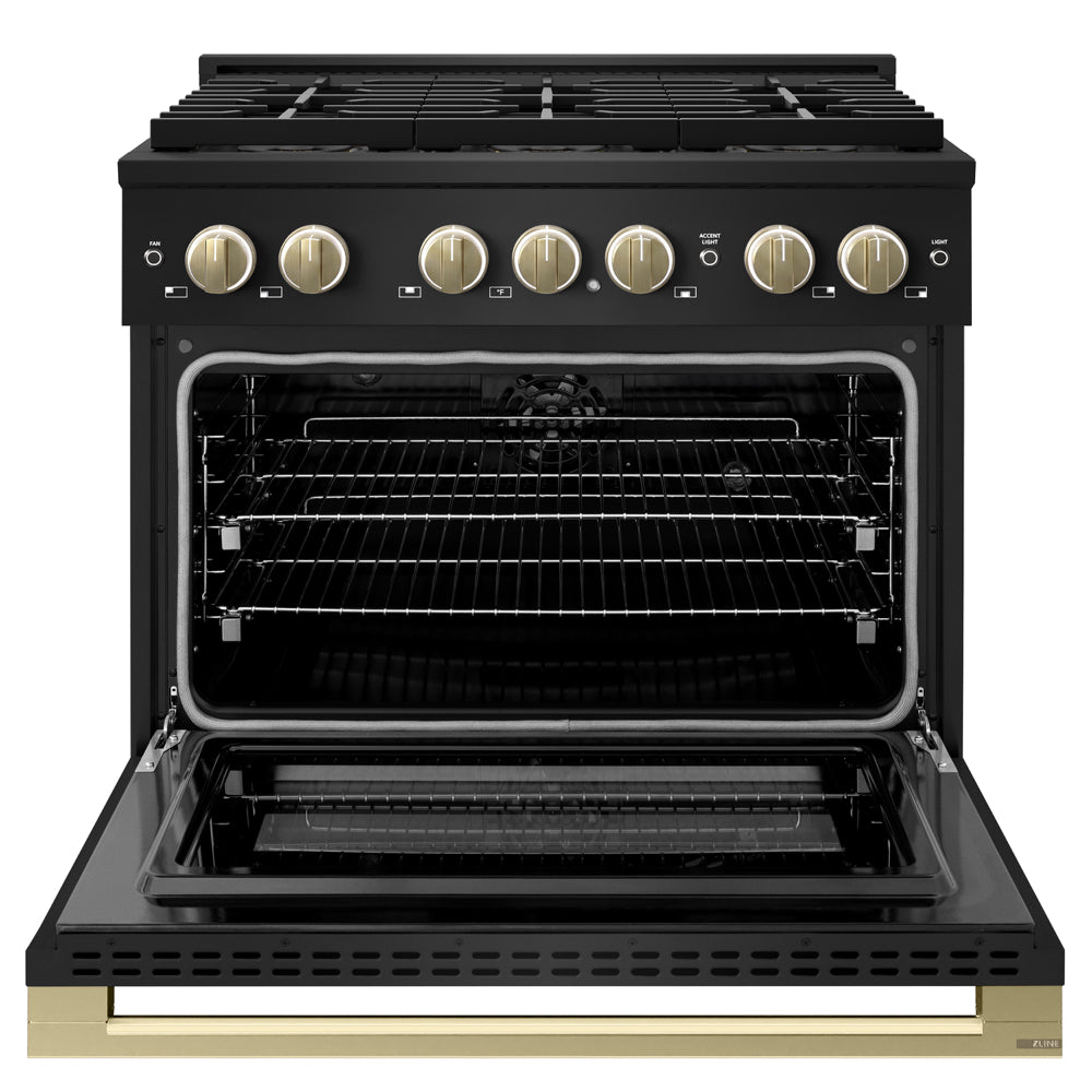 ZLINE Autograph Edition 36 in. 5.2 cu. ft. Marino Dual Fuel Range with 6 Burner DuoPro™ Cooktop and Electric Convection Oven in Black Stainless Steel and Champagne Bronze Accents (PMDRBZ-36-CB)
