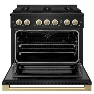 ZLINE Autograph Edition 36 in. 5.2 cu. ft. Marino Dual Fuel Range with 6 Burner DuoPro™ Cooktop and Electric Convection Oven in Black Stainless Steel and Champagne Bronze Accents (PMDRBZ-36-CB)