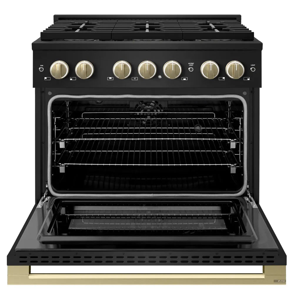 ZLINE Autograph Edition 36 in. 5.2 cu. ft. Marino Dual Fuel Range with 6 Burner DuoPro™ Cooktop and Electric Convection Oven in Black Stainless Steel and Champagne Bronze Accents (PMDRBZ-36-CB) front, oven open.