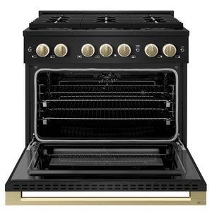 ZLINE Autograph Edition 36 in. 5.2 cu. ft. Marino Dual Fuel Range with 6 Burner DuoPro™ Cooktop and Electric Convection Oven in Black Stainless Steel and Champagne Bronze Accents (PMDRBZ-36-CB) front, oven open.
