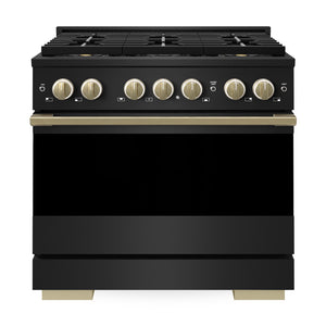 ZLINE Autograph Edition 36 in. 5.2 cu. ft. Marino Dual Fuel Range with 6 Burner DuoPro™ Cooktop and Electric Convection Oven in Black Stainless Steel and Champagne Bronze Accents (PMDRBZ-36-CB)