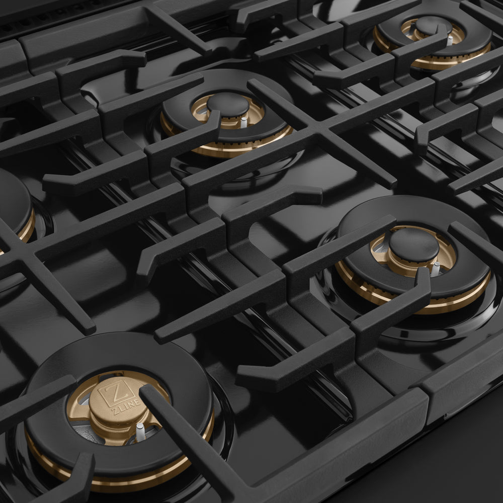 ZLINE Autograph Edition 36 in. 5.2 cu. ft. Marino Dual Fuel Range with 6 Burner DuoPro™ Cooktop and Electric Convection Oven in Black Stainless Steel and Polished Gold Accents (PMDRBZ-36-G)