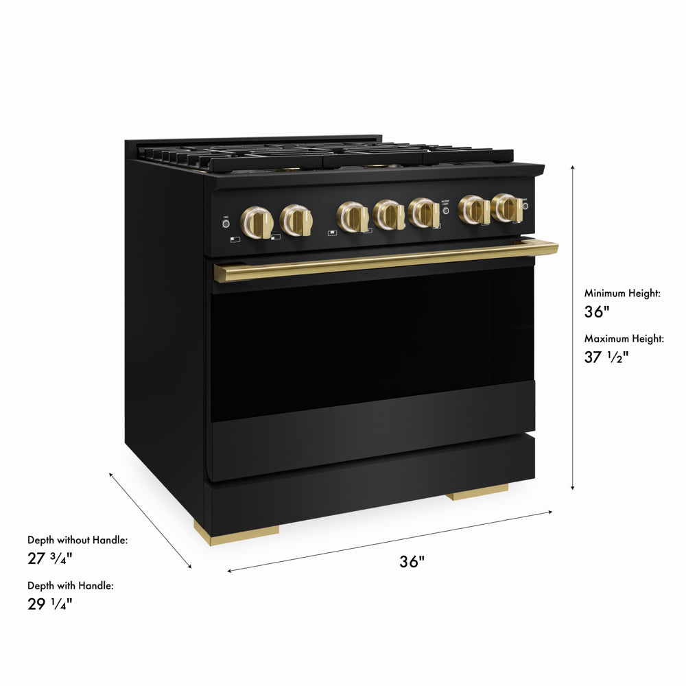ZLINE Autograph Edition 36 in. 5.2 cu. ft. Marino Dual Fuel Range with 6 Burner DuoPro™ Cooktop and Electric Convection Oven in Black Stainless Steel and Polished Gold Accents (PMDRBZ-36-G)