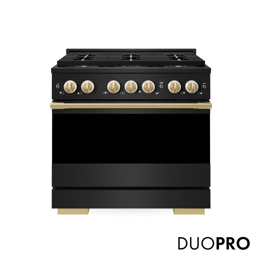ZLINE Autograph Edition 36 in. 5.2 cu. ft. Marino Dual Fuel Range with 6 Burner DuoPro™ Cooktop and Electric Convection Oven in Black Stainless Steel and Polished Gold Accents (PMDRBZ-36-G)