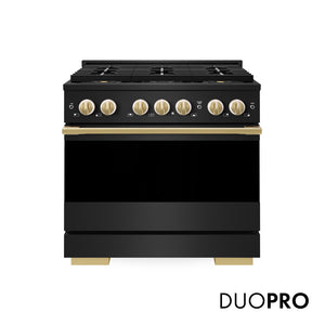 ZLINE Autograph Edition 36 in. 5.2 cu. ft. Marino Dual Fuel Range with 6 Burner DuoPro™ Cooktop and Electric Convection Oven in Black Stainless Steel and Polished Gold Accents (PMDRBZ-36-G)