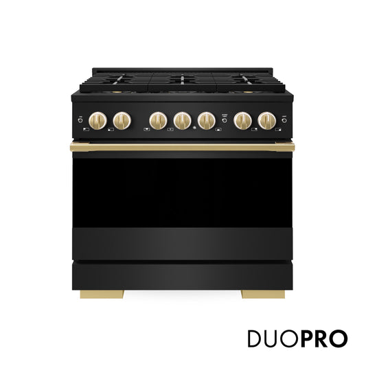 ZLINE Autograph Edition 36 in. 5.2 cu. ft. Marino Dual Fuel Range with 6 Burner DuoPro™ Cooktop and Electric Convection Oven in Black Stainless Steel and Polished Gold Accents (PMDRBZ-36-G) main image.