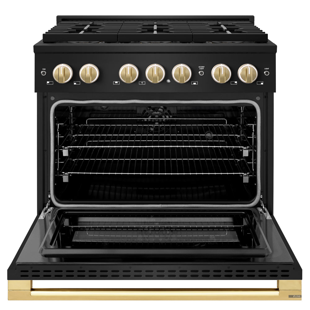 ZLINE Autograph Edition 36 in. 5.2 cu. ft. Marino Dual Fuel Range with 6 Burner DuoPro™ Cooktop and Electric Convection Oven in Black Stainless Steel and Polished Gold Accents (PMDRBZ-36-G)
