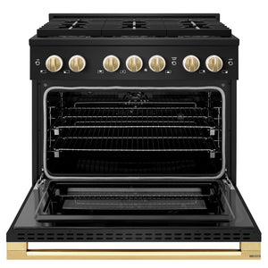 ZLINE Autograph Edition 36 in. 5.2 cu. ft. Marino Dual Fuel Range with 6 Burner DuoPro™ Cooktop and Electric Convection Oven in Black Stainless Steel and Polished Gold Accents (PMDRBZ-36-G)